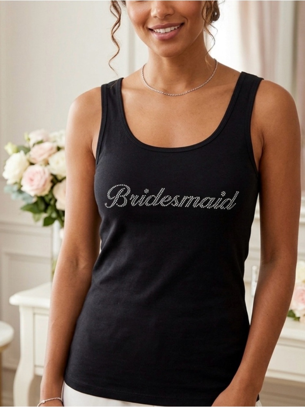 STYLUS Black Tank Top with Rhinestone 'Bridesmaid' Script
